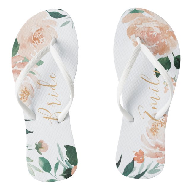 Personalised Romantic garden peach floral bride Flip Flops (Footbed)