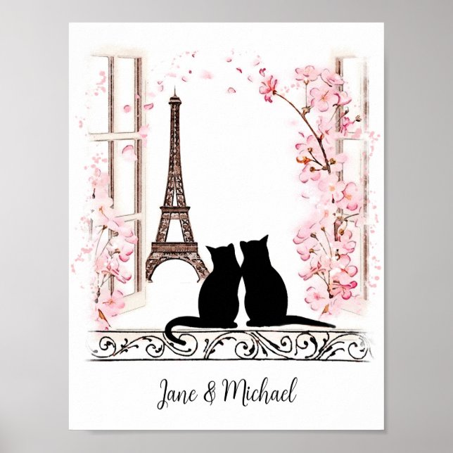 Personalised Romantic Paris Cats Poster (Front)
