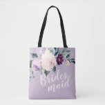 Personalised romantic purple floral bridesmaid tote bag<br><div class="desc">Watercolor botanical floral and greenery in soft blush,  peach and purple,  green and navy,   with bridesmaid script and custom name on the back,  elegant and romantic,   great personalised gifts for bridesmaid.</div>