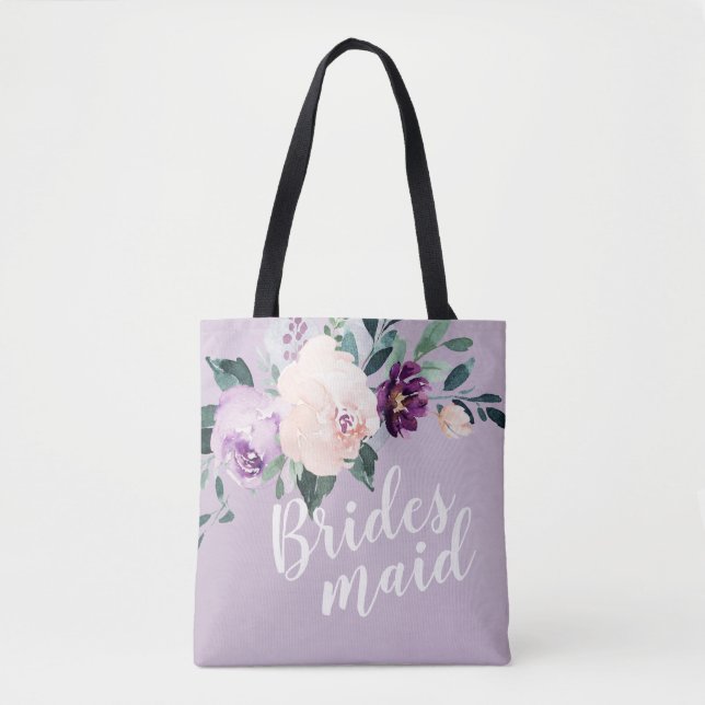 Personalised romantic purple floral bridesmaid tote bag (Front)