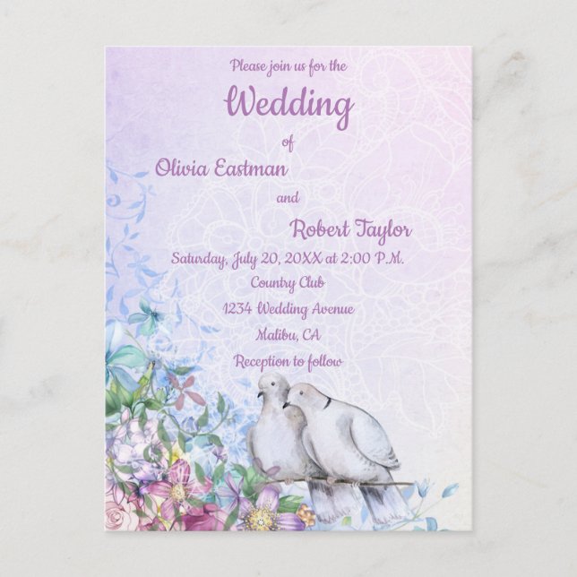 Personalised romantic white doves wedding postcard (Front)