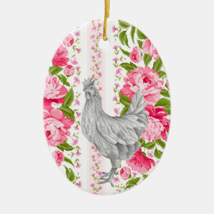 Personalised Rooster and Pink Flowers Chicken Farm Ceramic Tree Decoration