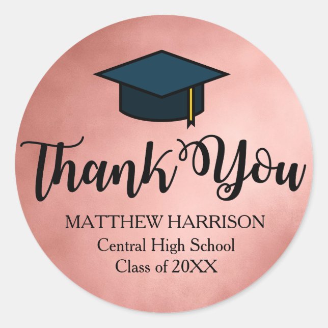 Personalised Rose Gold Black Thank You Graduation Classic Round Sticker (Front)