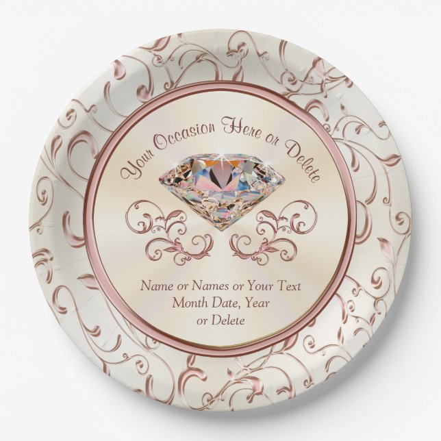 Personalised Rose Gold Diamond Paper Plates (Front)