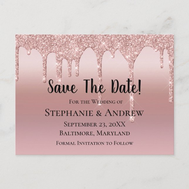 Personalised Rose Gold Dripping Glitter Blush Pink Announcement Postcard (Front)