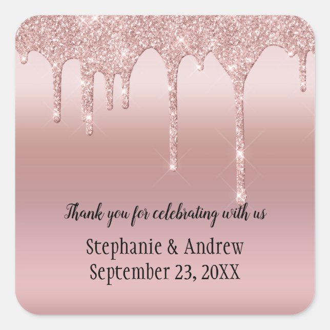 Personalised Rose Gold Dripping Glitter Wedding  Square Sticker (Front)