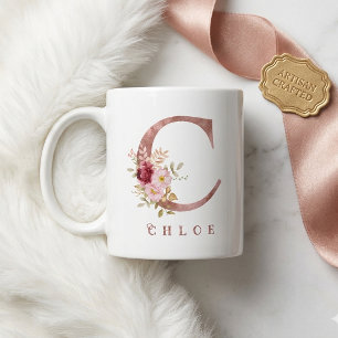 Personalised Rose Gold Floral Letter C Monogram Coffee Mug