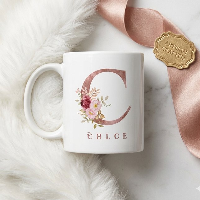 Personalised Rose Gold Floral Letter C Monogram Coffee Mug (Creator Uploaded)