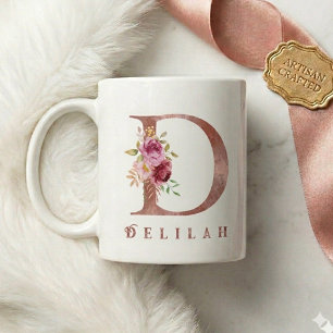 Personalised Rose Gold Floral Letter D Monogram Coffee Mug