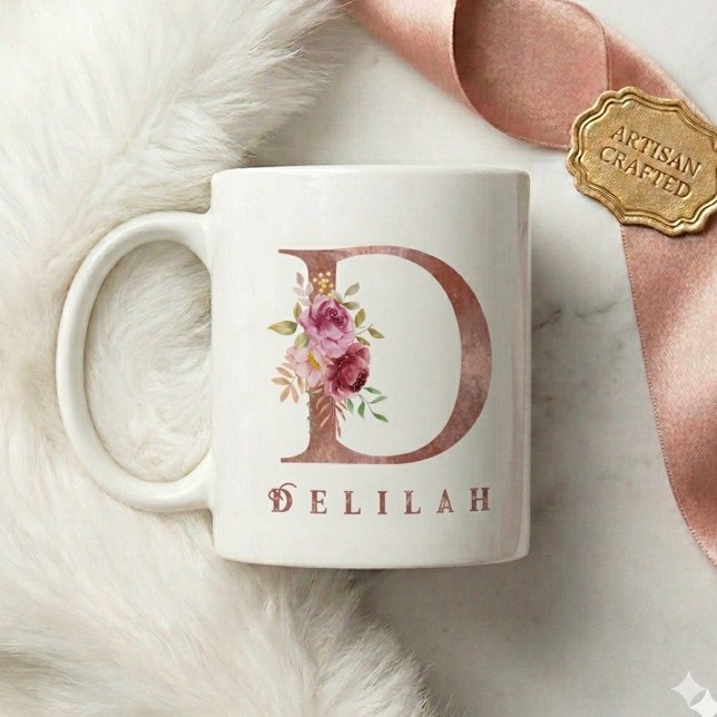Personalised Rose Gold Floral Letter D Monogram Coffee Mug (Creator Uploaded)