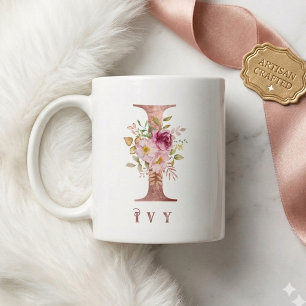 Personalised Rose Gold Floral Letter I Monogram Coffee Mug