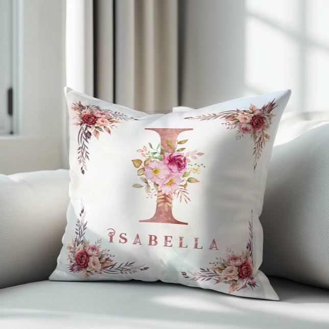 Personalised Rose Gold Floral Letter I Monogram  Cushion (Creator Uploaded)
