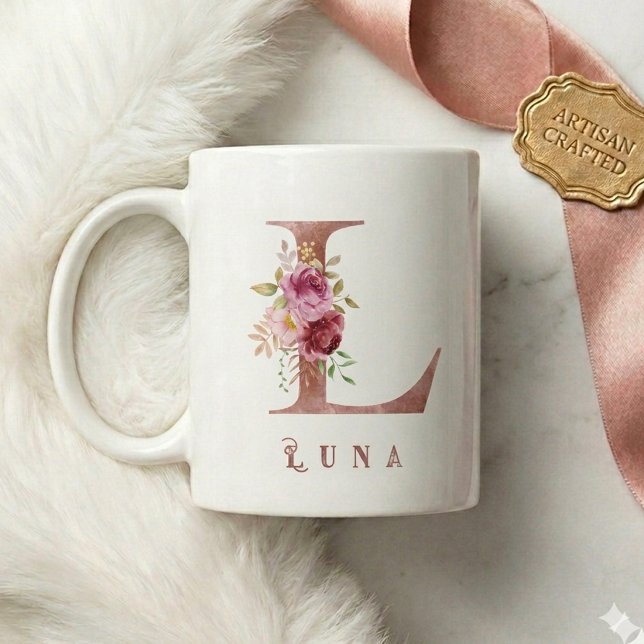 Personalised Rose Gold Floral Letter L Monogram Coffee Mug (Creator Uploaded)