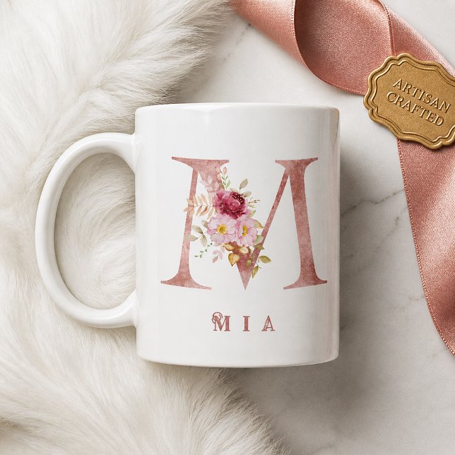 Personalised Rose Gold Floral Letter M Monogram Coffee Mug (Creator Uploaded)