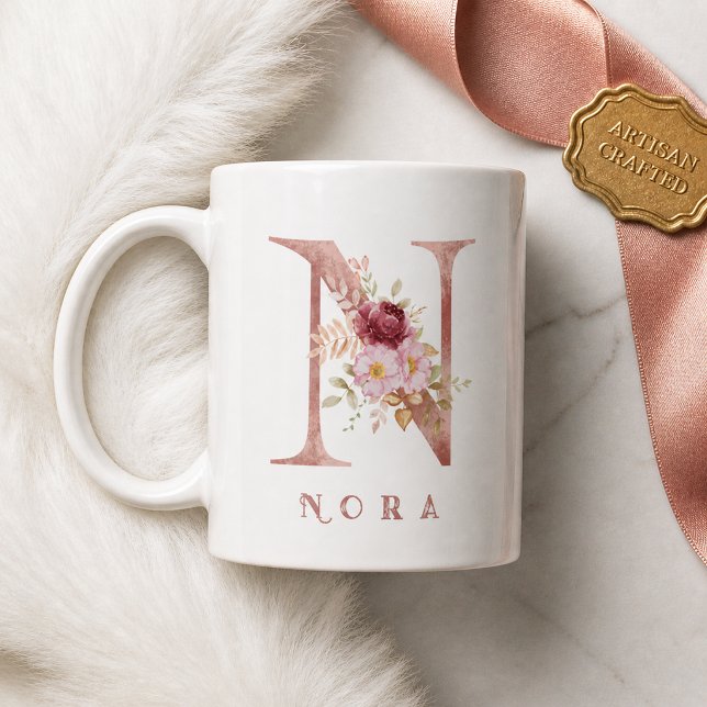 Personalised Rose Gold Floral Letter N Monogram Coffee Mug (Creator Uploaded)