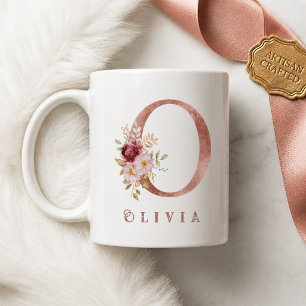 Personalised Rose Gold Floral Letter O Monogram  Coffee Mug