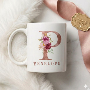 Personalised Rose Gold Floral Letter P Monogram  Coffee Mug