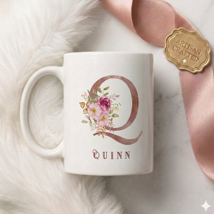 Personalised Rose Gold Floral Letter Q Monogram Coffee Mug