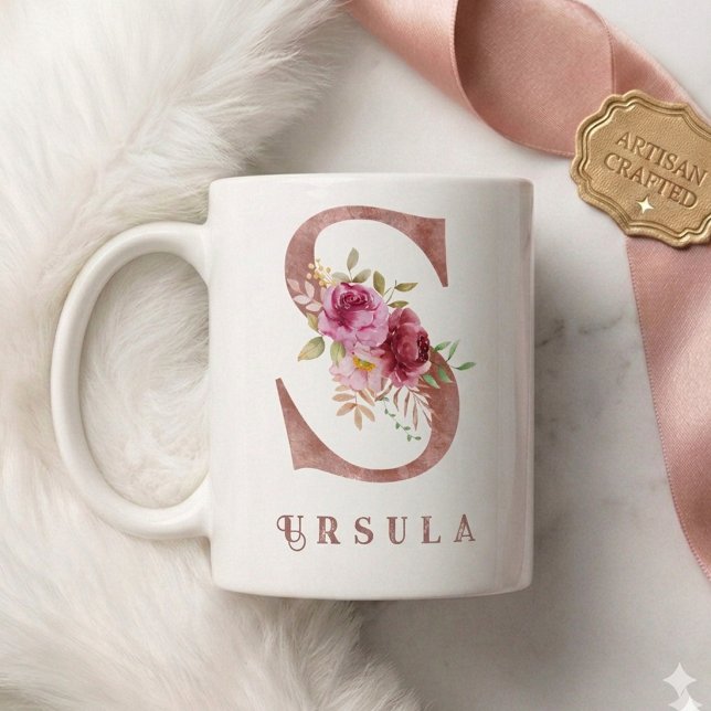 Personalised Rose Gold Floral Letter S Monogram  Coffee Mug (Creator Uploaded)