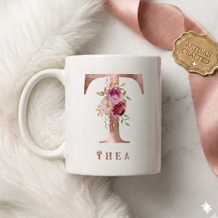 Personalised Rose Gold Floral Letter T Monogram  Coffee Mug