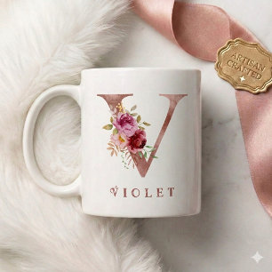 Personalised Rose Gold Floral Letter V Monogram  Coffee Mug