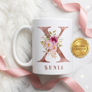 Personalised Rose Gold Floral Letter X Monogram  Coffee Mug