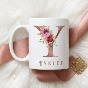 Personalised Rose Gold Floral Letter Y Monogram  Coffee Mug