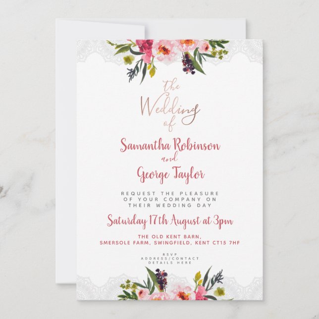Personalised Rose Gold Floral Wedding Invitation (Front)