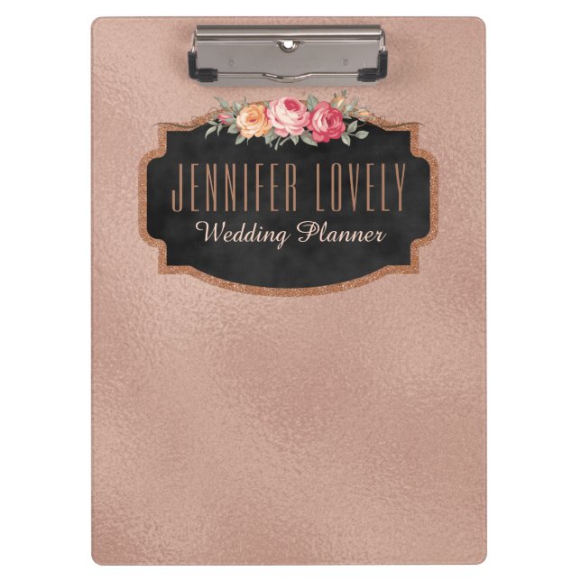 Personalised Rose Gold Foil Chalkboard Floral Clipboard (Front)