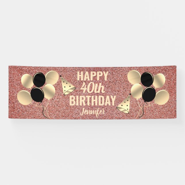 Personalised Rose Gold Glitter 40th Birthday Party Banner (Horizontal)