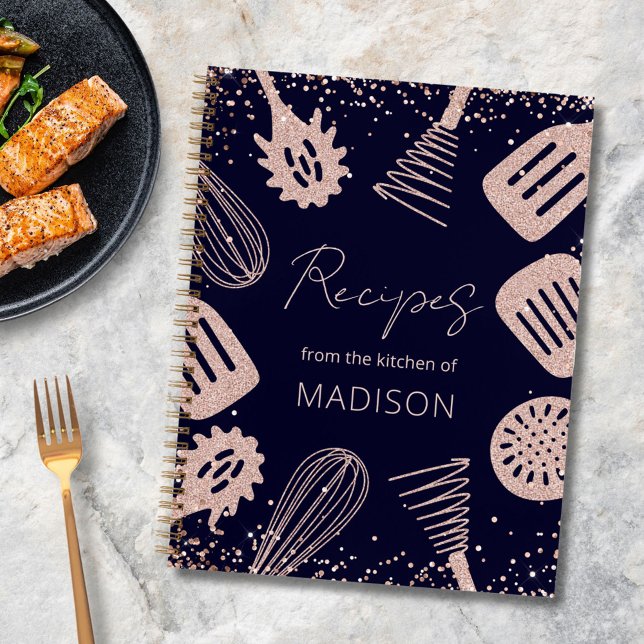 Personalised Rose Gold Glitter Cooking Recipe Book (In situ)
