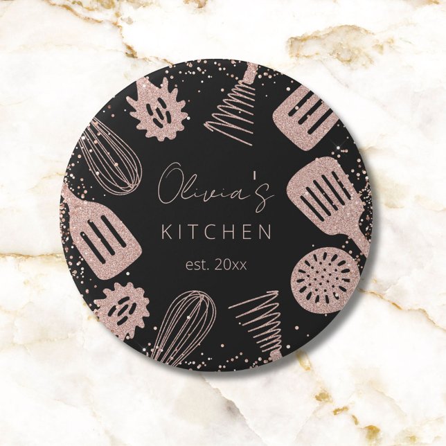 Personalised Rose Gold Glitter Cooking Tools 7.5 Cm Round Badge (Close up)