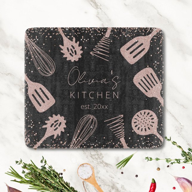Personalised Rose Gold Glitter Cooking Tools Cutting Board (In situ)