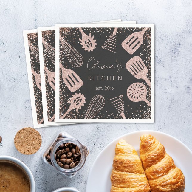 Personalised Rose Gold Glitter Cooking Tools Napkin (In situ)