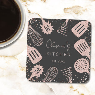 Personalised Rose Gold Glitter Cooking Tools Square Paper Coaster