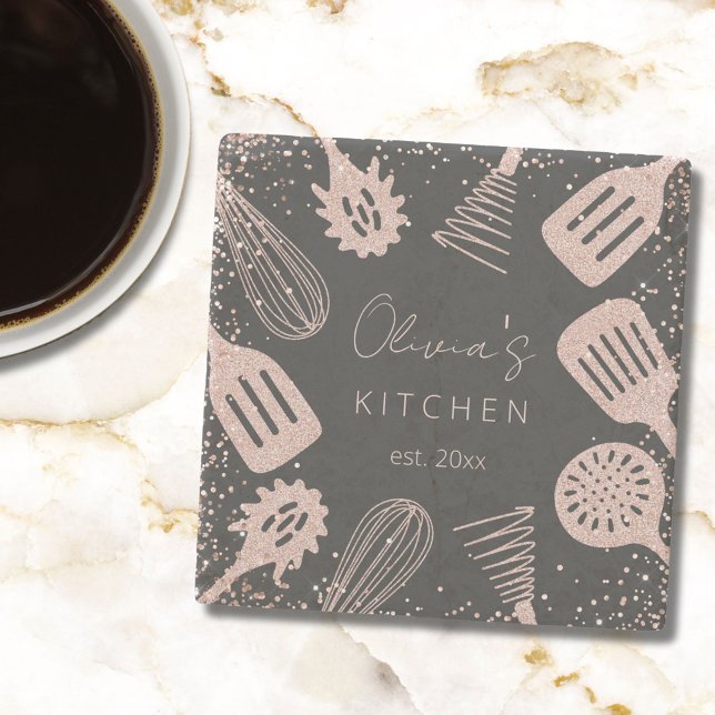 Personalised Rose Gold Glitter Cooking Tools Stone Coaster (In situ)