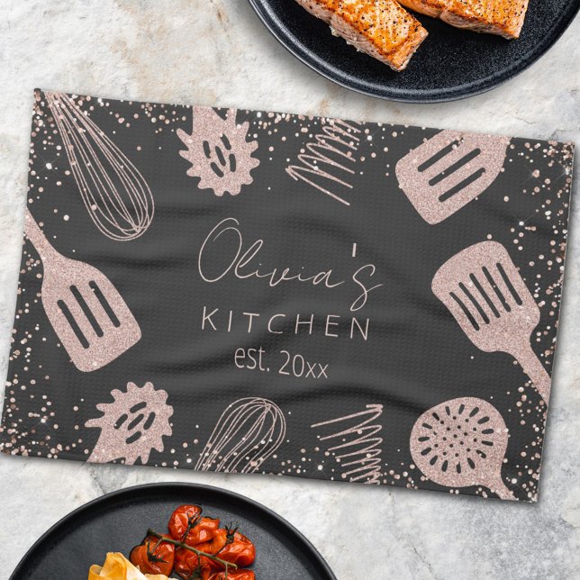 Personalised Rose Gold Glitter Cooking Tools Tea Towel (In situ)