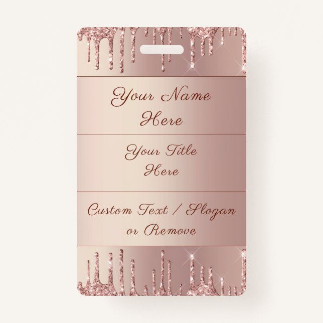 Personalised Rose Gold Glitter Custom Name Badge ID Badge (Front)