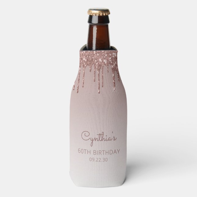 Personalised Rose Gold Glitter Drip 60th Birthday Bottle Cooler (Bottle Front)
