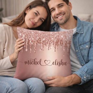 Personalised Rose Gold Glitter Drip Couple Names Cushion