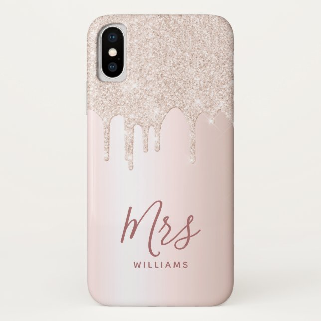 Personalised Rose Gold Glitter Drip New Mrs Bride Case-Mate iPhone Case (Back)