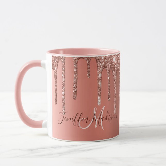 Personalised Rose Gold Glitter Drips Girly Luxury  Mug (Left)