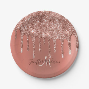 Personalised Rose Gold Glitter Drips Girly Luxury Paper Plate