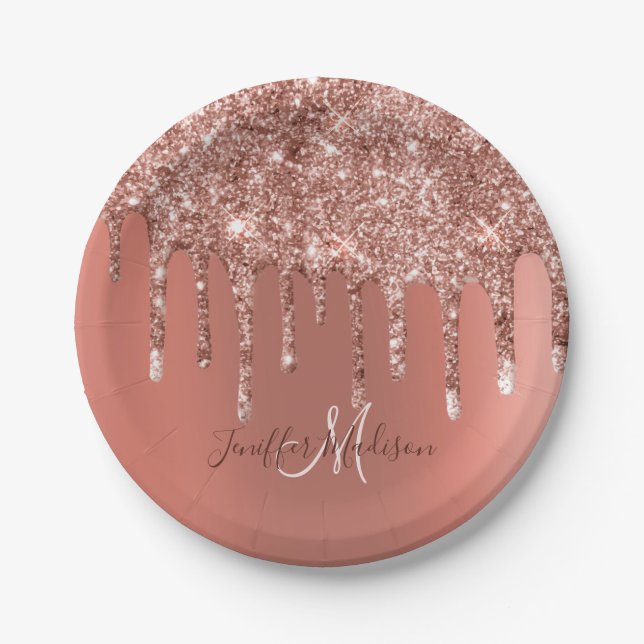 Personalised Rose Gold Glitter Drips Girly Luxury  Paper Plate (Front)