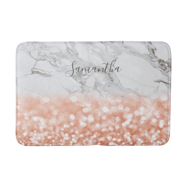 Personalised Rose Gold Glitter Marble Bath Mat (Front)