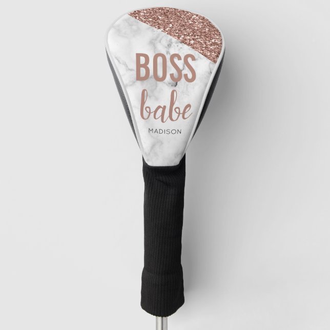 Personalised Rose Gold Glitter | Marble  Boss Babe Golf Head Cover (Front)