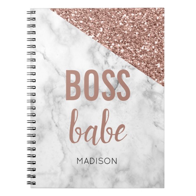 Personalised Rose Gold Glitter | Marble  Boss Babe Notebook (Front)
