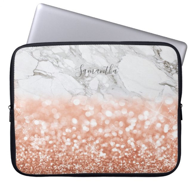 Personalised Rose Gold Glitter Marble Laptop Case (Front)
