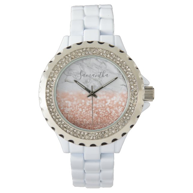 Personalised Rose Gold Glitter Marble Watch (Front)