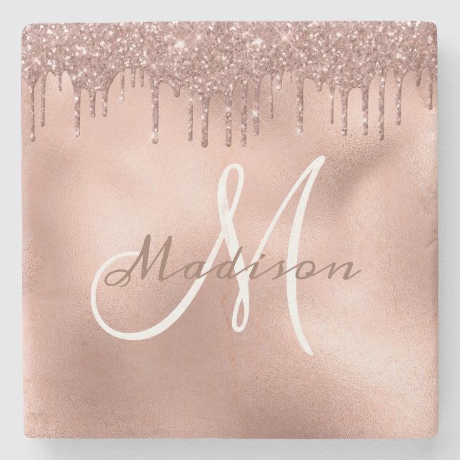 Personalised Rose Gold Glitter Monogram Custom Stone Coaster (Front)